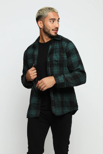 PLAID FLANNEL CHECK SHIRT - DARK GREEN AND BLACK