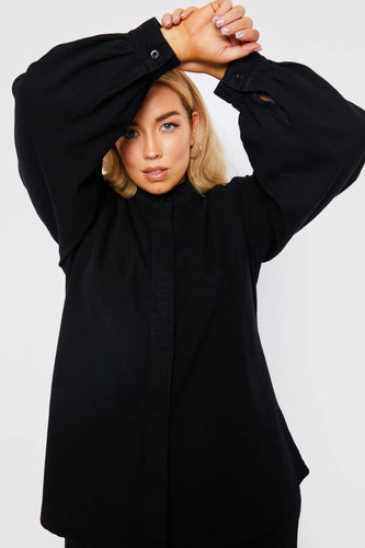 PLUS SIZE BALLOON SLEEVE DENIM SHIRT - BLACK