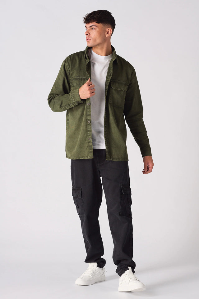 CARGO DENIM SHIRT - GREEN ACID WASH